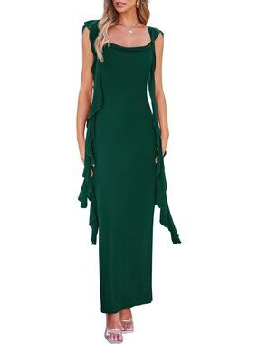 Women's Dark Green Wedding Dress Sleeveless Ruffle Formal Cocktail Party Maxi